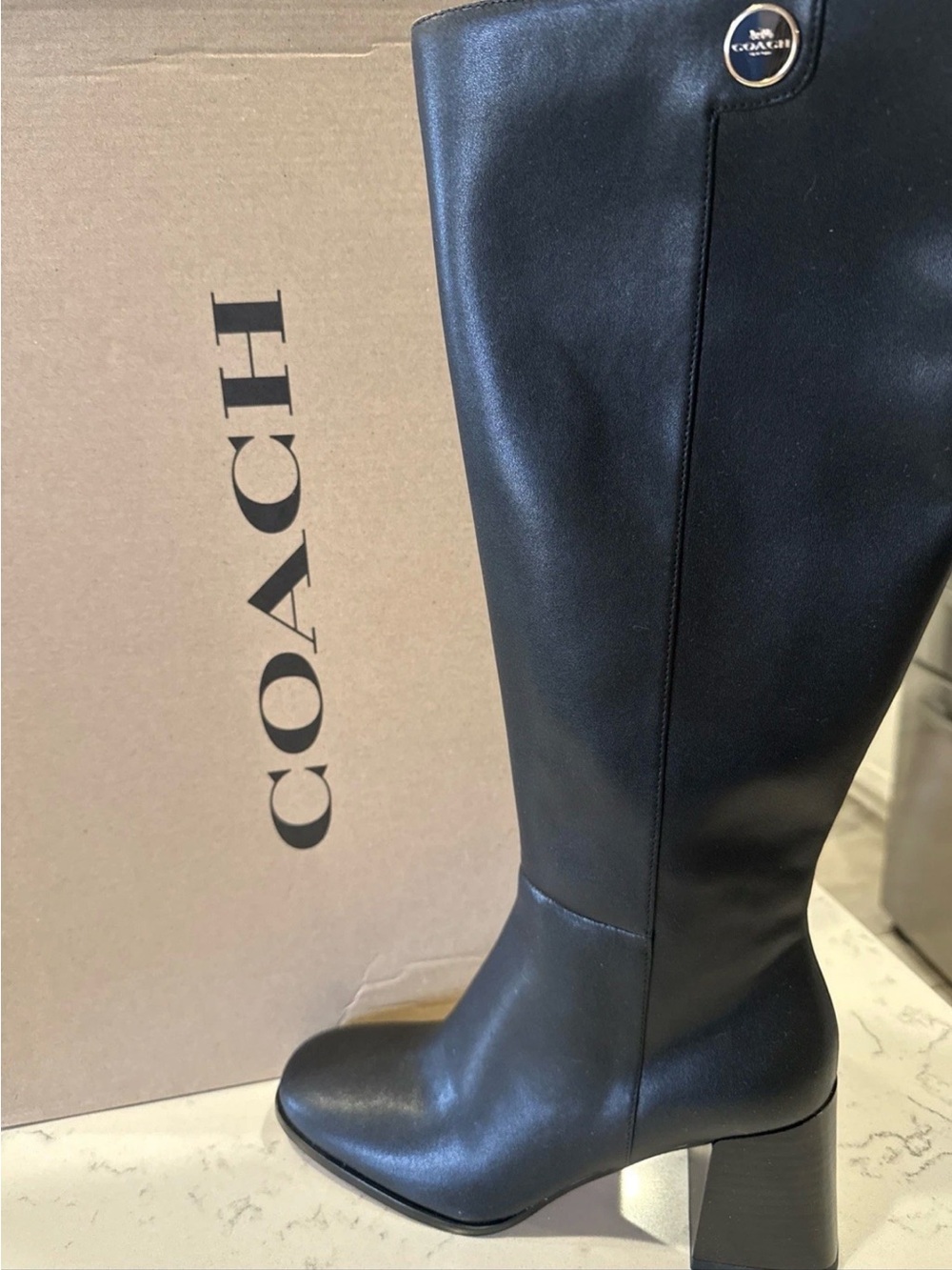 Coach Black Leather Tall Block-Heel Boots - Picture 13 of 13